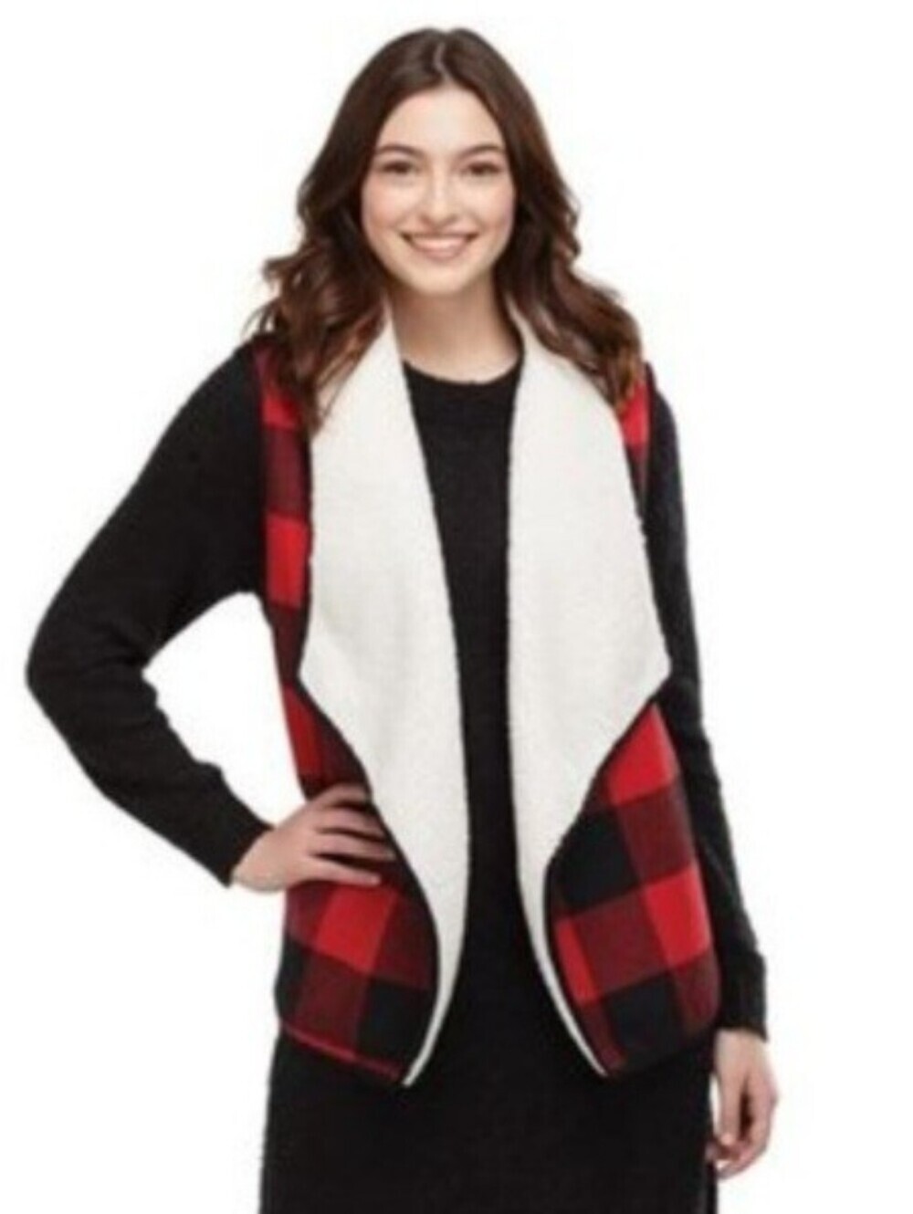 Mud Pie Red & Black Buffalo Plaid Sherpa-Lined Vest One Size Fits Most
